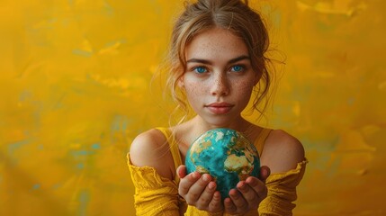Fototapeta na wymiar A woman with freckles stares intently, holding a painted globe on a yellow textured background