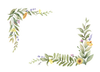 Watercolor vector flower wreath. Wild field herbs flowers. Design for invitation, card, wedding, birthday and other printing projects. Holiday decor. Hand drawn illustration. © ElenaMedvedeva