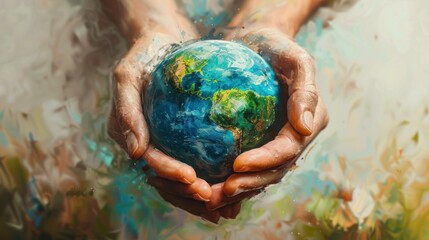 A visually striking representation of hands delicately supporting a vibrant Earth against a textured background