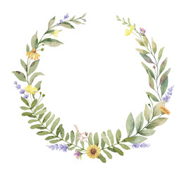 Watercolor vector flower round frame. Meadow flowers circle border. Design for invitation, card, wallpaper, fashion, wedding, prints. Holiday decor. Hand drawn illustration.
