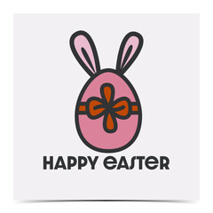 Minimalistic Easter greeting card, cover, poster, label, flyer, banner with a cute pink bunny ears egg and orange bow