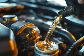Refueling and pouring oil into the engine motor car. - obrazy, fototapety, plakaty