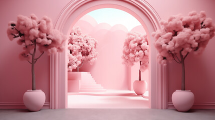pink archway with flowers in the background, style of luminous 3d objects