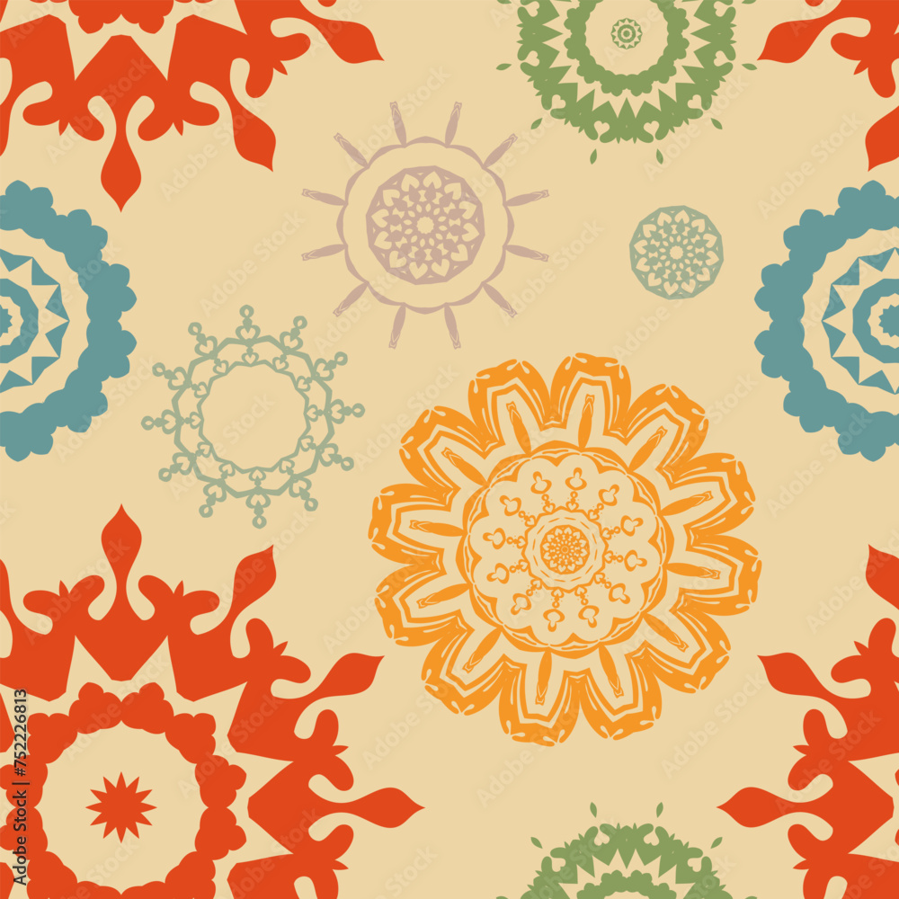 Poster seamless contour pattern with chaotically placed multi-colored mandalas. retro palette. vector illus