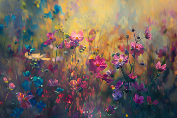 Obraz na płótnie Canvas illustration of colorful flowers texture background. Created with Generative AI 