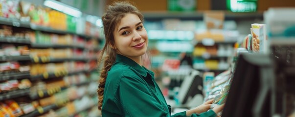 Portrait of saleswoman at super market shop with shelves in background