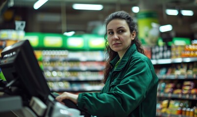 Portrait of saleswoman at super market shop with shelves in background