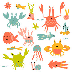 Set of sea animals. Crabs, fish, squid, starfish, snails, jellyfish in childrens style