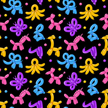 Various balloon animals collection. Festive seamless pattern inflatable dog, snake, unicorn, giraffe, rabbit, elephant, butterfly and octopus shapes. Birthday celebration party.