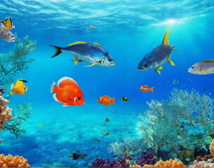 Fototapeta na wymiar Beautiful Sea With Fish Wallpaper. Ai generate 