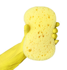 Cleaner in rubber glove holding new yellow sponge on white background, closeup