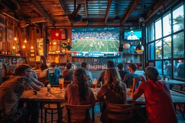 Obraz na płótnie Canvas Sport fans cheering a football or soccer in a restaurant while team wining. Generative AI