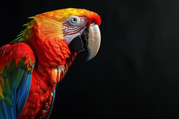 close-up  loro con plumas hermosas con fondo negro, guacamayo tropical en la naturaleza, ave tropical con plumas de colores aislado