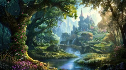 Illustration Fairytale landscape pc wallpaper background.Ai generated