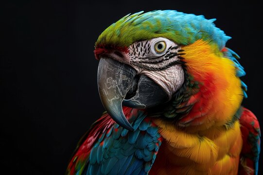 close-up  loro de hermoso plumaje con fondo negro, guacamayo tropical en la naturaleza, ave tropical con plumas de colores aislado