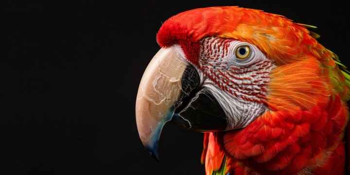Guacamayo con plumas rojas con fondo negro, ave tropical aislada 