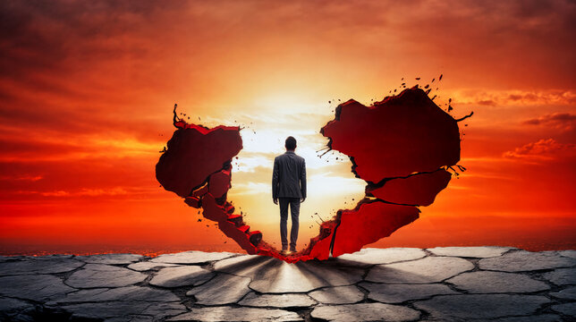 Businessman Contemplating at Sunset on Cracked Ground Through Heart-Shaped Opening