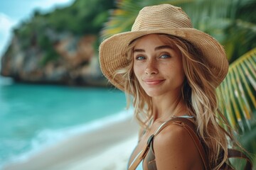 A candid shot of a beautiful woman in a sunhat, with a tropical beach backdrop and a thoughtful gaze