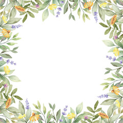 Fototapeta na wymiar Watercolor vector flower square border. Wild field herbs flowers. Design for invitation, card, stationery, fashion, wedding, prints. Blank space for your text. Hand drawn illustration.