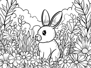 Coloring book image. Rabbit sits in the tall grass among the flowers. Vector, generative ai.