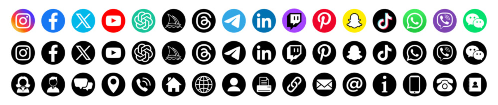 Set of popular social media with contact us icon.Connect Icons.Contact us icon set.Contact and Communication Icons.Set of Communication icon.instagram, facebook, web icons, contact us,call, location,