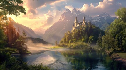 Illustration Fairytale landscape pc wallpaper background.Ai generated