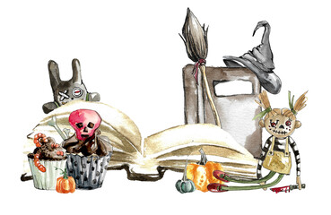 Illustration for World Book Day. An open horror book in a dark cover, surrounded by creepy dolls, a pointy black hat and broom, pumpkins and scary cupcakes. Watercolor drawing by hand 