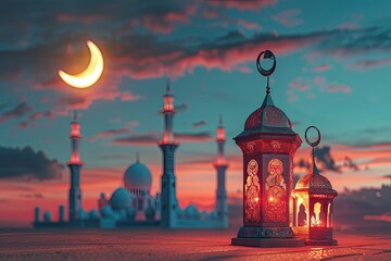 Fototapeta premium beautiful red mosque image, crescent moon and islamic lantern with light 