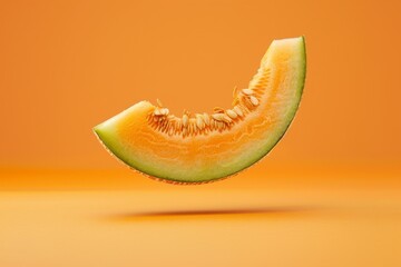 Melón fresco cortado a la mitad, melón troceado aislado en fondo naranja, fruta de temporada, fruta de verano con semillas - obrazy, fototapety, plakaty