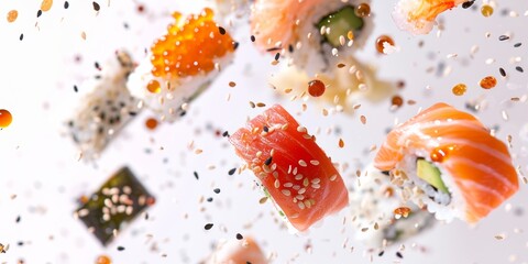 Sushi fondo blanco desenfocado, restaurante moderno comida japonesa, variedad de sushi, nigiris de salmon atún y langostino, semillas de sésamo arroz y pescado fresco 