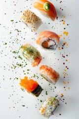 sushi tradicional japones restaurante de lujo fondo blanco, uramaki de salmón atún langostino y aguacate, buffet libre de nigiris 