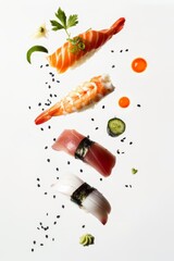 Close-up cenital presentación moderna de sushi, nigiris de langostino gamba atún salmón y butterfish