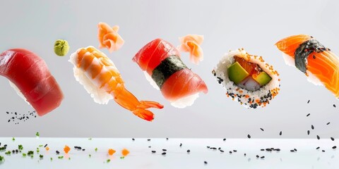 Buffet libre sushi de salmón y atún, sushi de langostino fresco, comida de lujo moderno restaurante japones, nigiri de pescado 