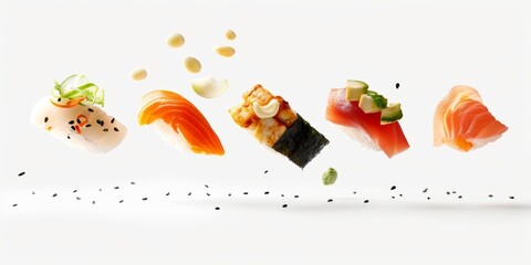 Buffet libre sushi de salmón y atún, sushi de langostino fresco, comida de lujo moderno restaurante japones, nigiri de pescado 