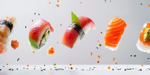 Buffet libre sushi de salmón y atún, sushi de langostino fresco, comida de lujo moderno restaurante japones, nigiri de pescado 