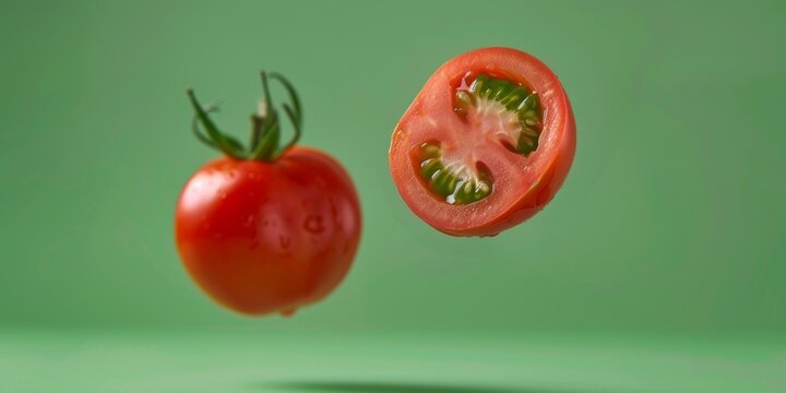 tomate cortado a la mitad aislado en fondo verde, tomate maduro fresco en el aire flotando