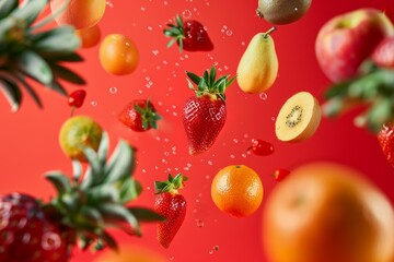 Fruta tropical fresca aislada fondo rojo desenfocado, fresas peras piña naranja orgánica, close-up fruta natural para zumo detox  - obrazy, fototapety, plakaty