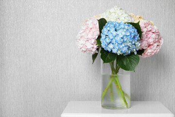 Beautiful hydrangea flowers in vase on white bedside table near light gray wall. Space for text