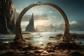 Fototapeta premium A round natural portal in the middle of a wasteland. Generative AI