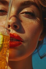 Close-up mujer seductora mirando con un vaso en los labios, joven refrescándose del calor de verano, póster festival, bebiendo alcohol al atardecer 