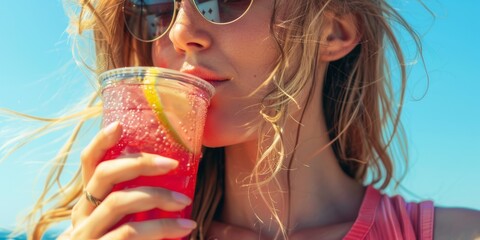 Close-up mujer joven en un festival, bebiendo alcohol en verano, mujer bebiendo sangría en un evento en España 