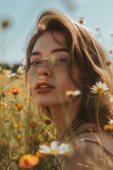 Atardecer en un campo de margaritas, mujer con gafas al amanecer rodeada de flores blancas, retrato aesthetic en primavera 