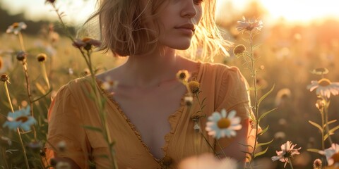 Atardecer en un campo de margaritas, mujer al amanecer rodeada de flores blancas, retrato aesthetic en primavera 