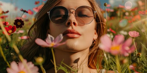 Retrato aesthetic entre las flores, mujer con gafas de sol paseando por un campo de flores silvestres 