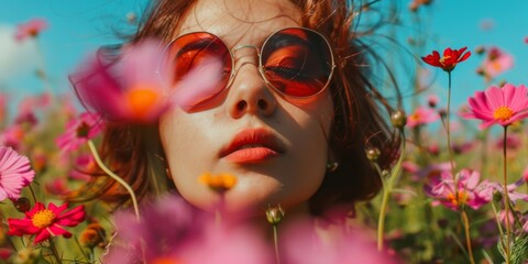 Retrato aesthetic entre las flores, mujer con gafas de sol paseando por un campo de flores silvestres 