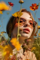 Mujer joven rodeada de flores amarillas en el campo, chica en sus vacaciones de primavera, fiesta de la primavera, retrato primaveral aesthetic 