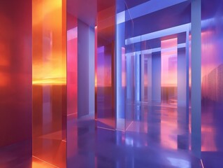 Vivid colors and reflections create an abstract corridor leading to a sunset view, evoking mystery and futuristic design.
