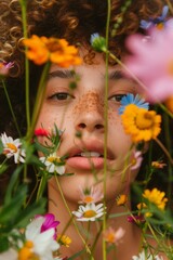 Mujer joven con pecas mirando entre las flores, retrato de primavera, close-up mirada profunda rodeada de flores silvestres, madre naturaleza aesthetic