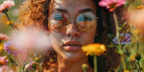 Close-up mujer con gafas y pecas posando entre las flores, retrato primaveral aesthetic 