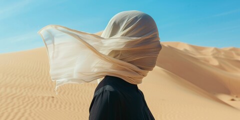 Precioso retrato minimalista mujer aislada en el desierto con la cara tapada, Mujer con tela vaporosa en la cabeza contra el sol del Sáhara 